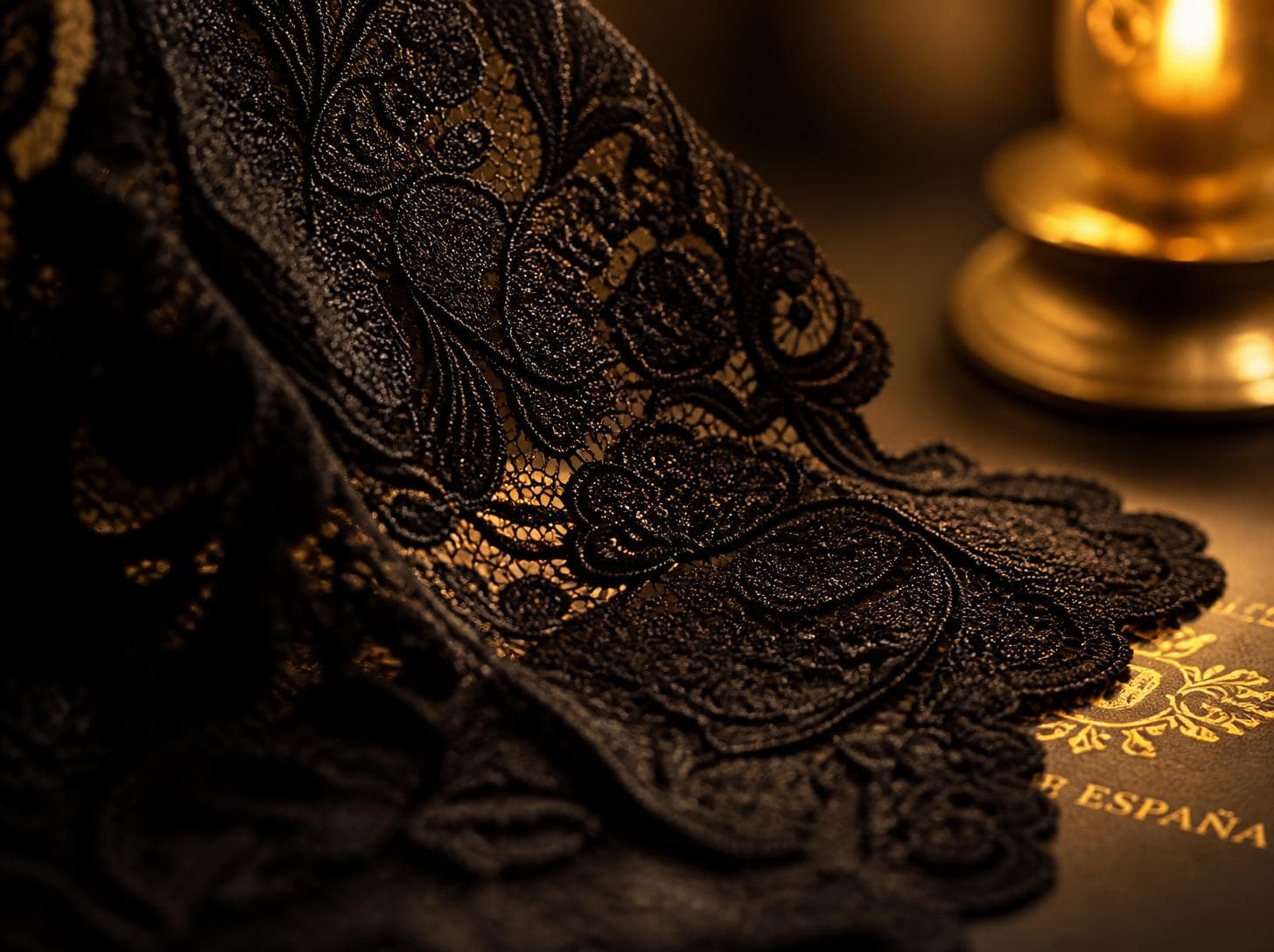 Detalle de blonda de encaje negro junto a una vela