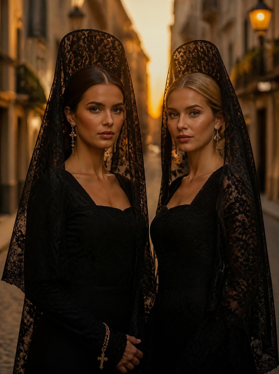 Dos mujeres vestidas de mantilla en una calle de Semana Santa