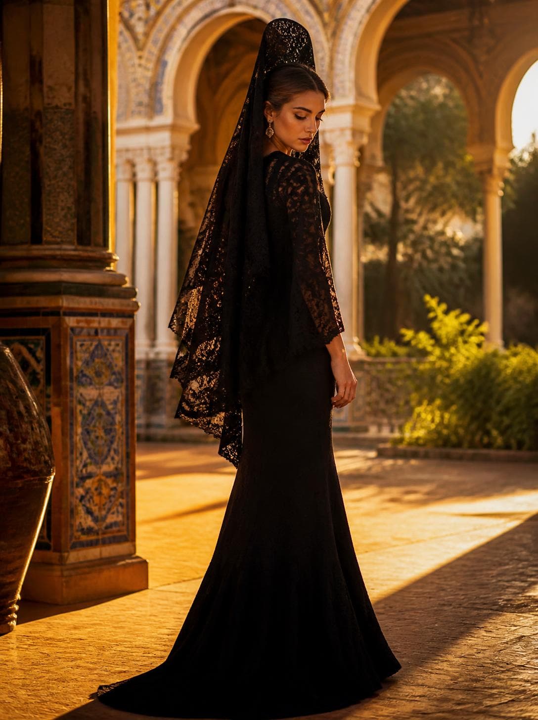 Mujer con vestido y mantilla en un patio